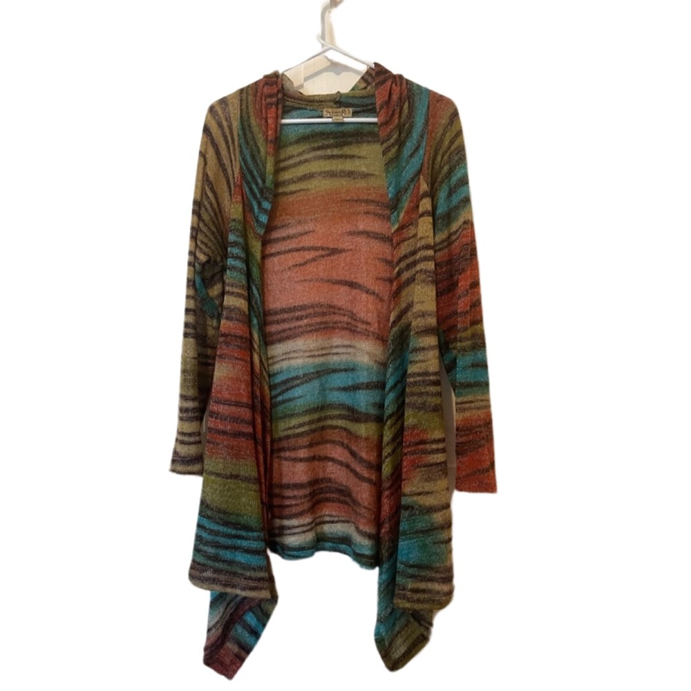 One World Animal Print Multicolor Hooded Cardigan Women’s Large Long Sleeve